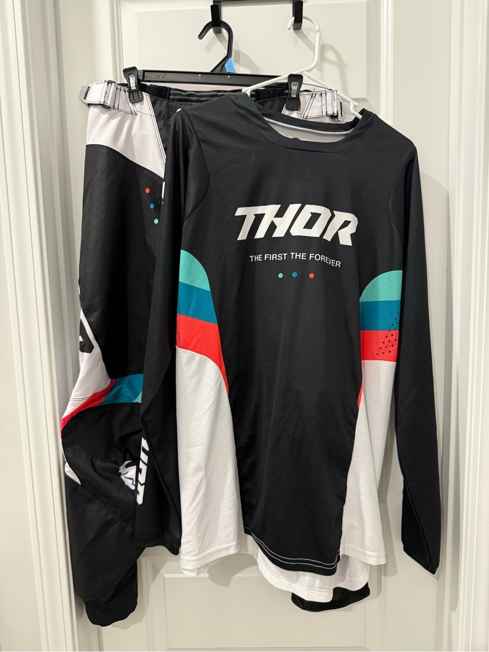 thor Black Motocross Jersey & Pants with Teal and Red Accents
